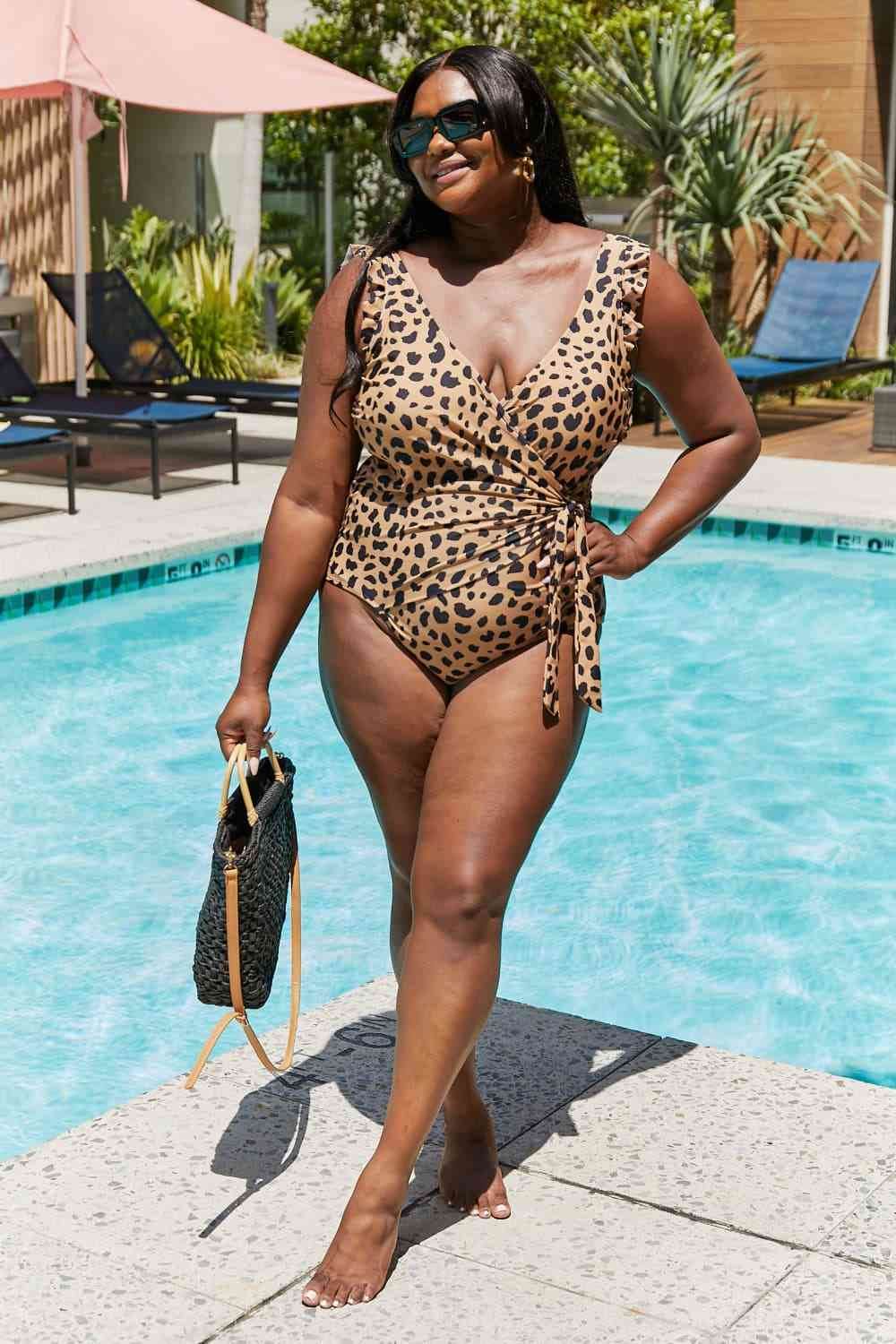 Marina West Swim Full Size Float On Ruffle Faux Wrap One-Piece in Leopard - DaTrendStore.Com