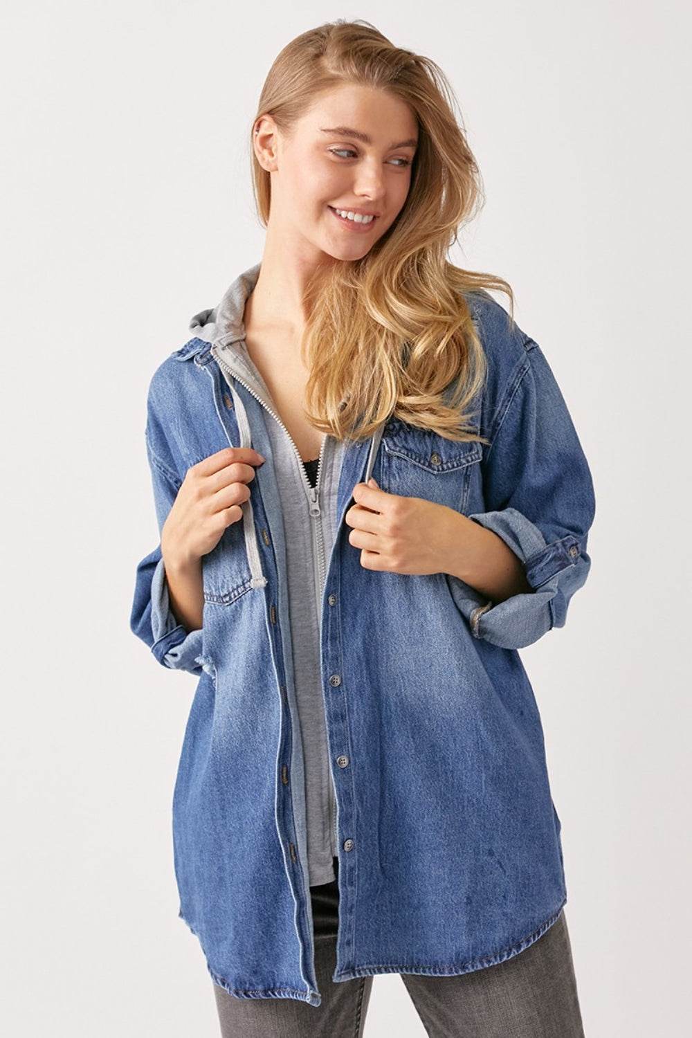 RISEN Zip Up Hooded Denim Shirt - DaTrendStore.Com