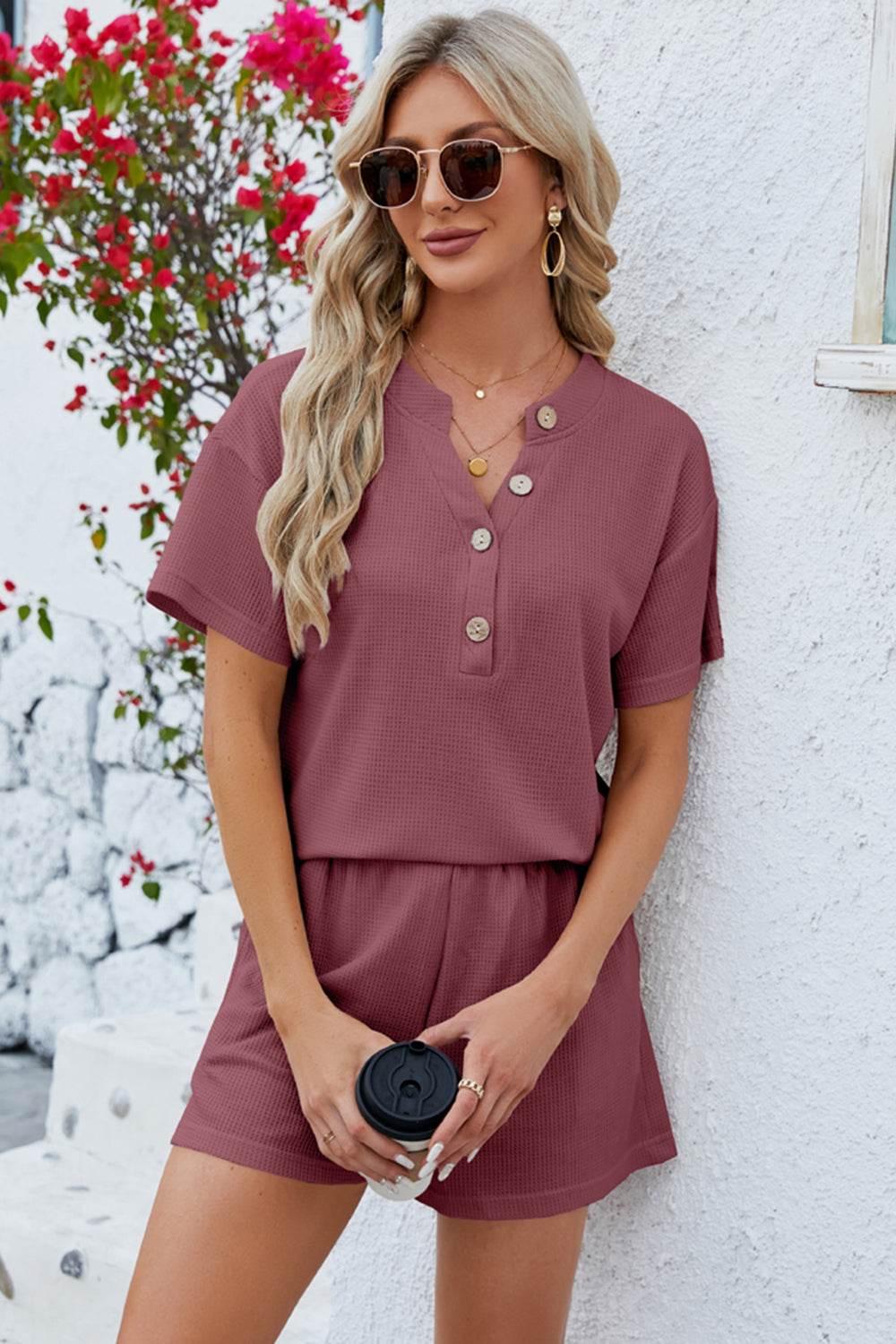 Notched Button Detail Dropped Shoulder Top and Shorts Set - DaTrendStore.Com