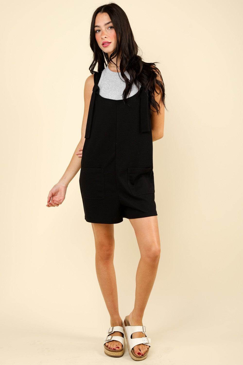 VERY J Tie Shoulder Front Pocket Romper - DaTrendStore.Com