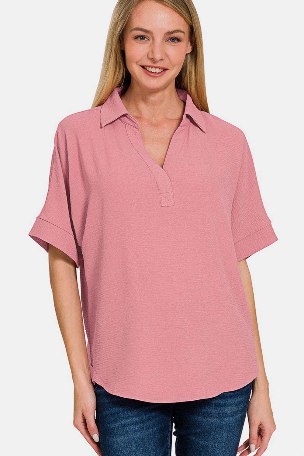 Zenana Texture Collared Neck Short Sleeve Top - DaTrendStore.Com