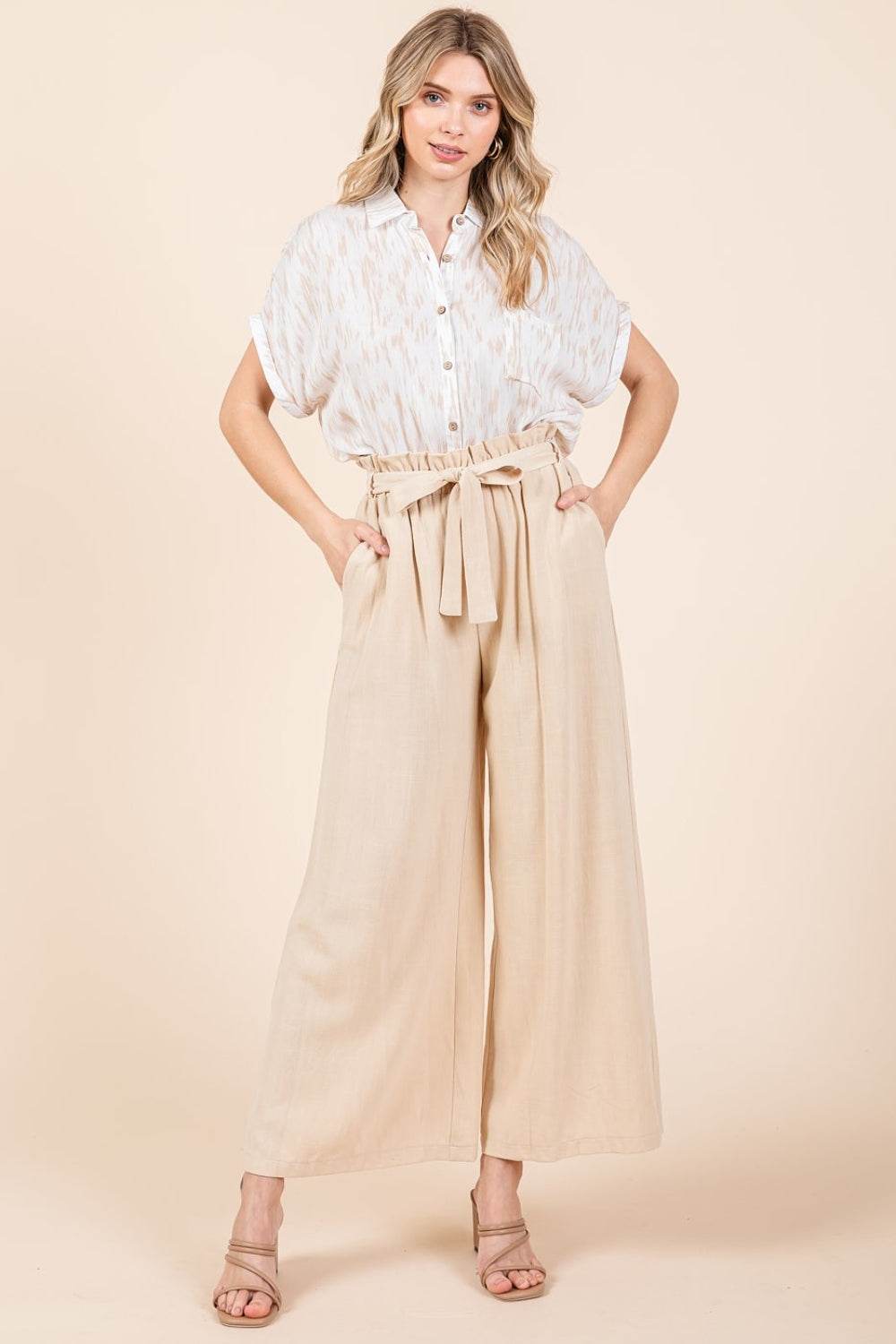 Mittoshop High Waist Tie Front Wide Leg Pants - DaTrendStore.Com