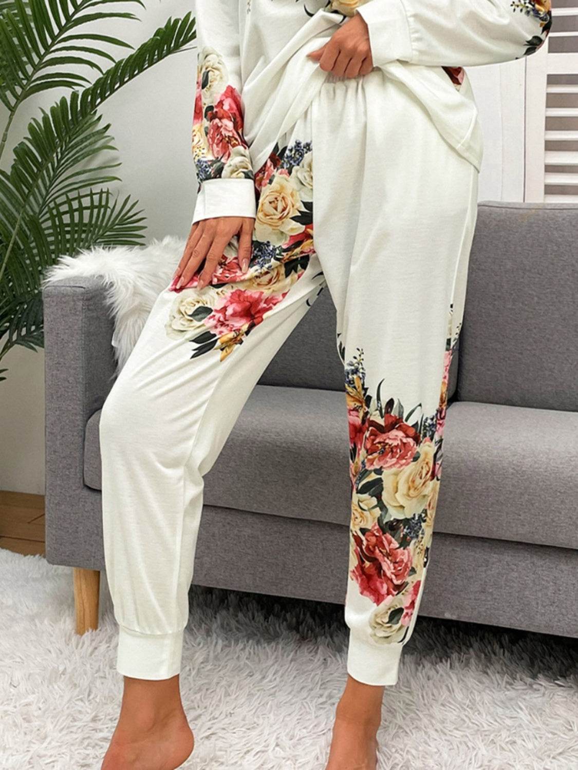 Shiny Printed Round Neck Top and Pants Lounge Set - DaTrendStore.Com