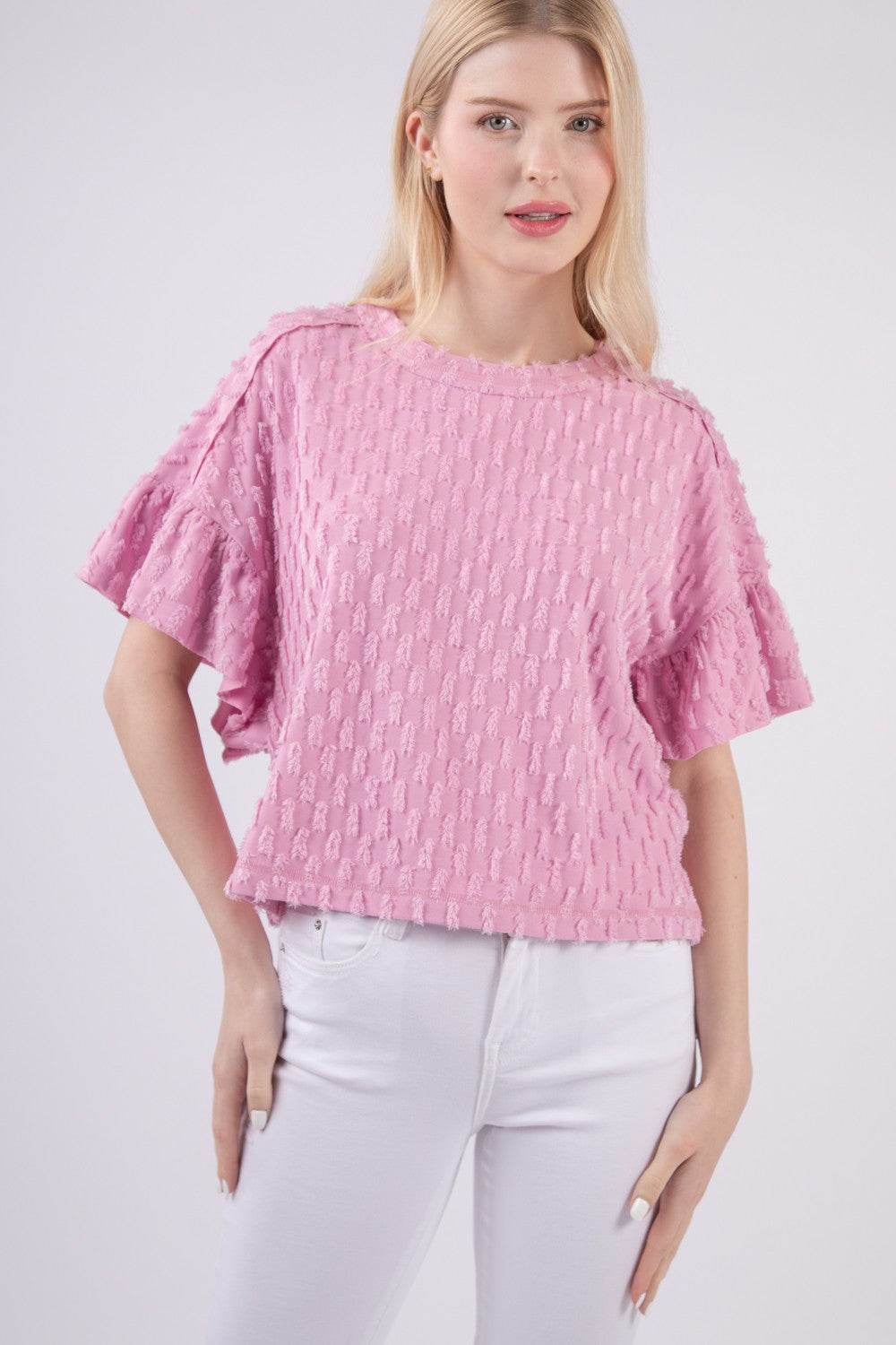 VERY J Full Size Texture Ruffle Short Sleeve Top - DaTrendStore.Com