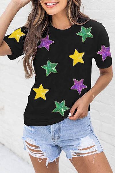 Sequin Stars Patched Round Neck T-Shirt - DaTrendStore.Com