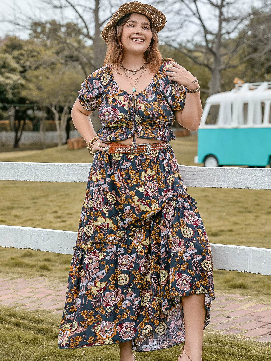 Plus Size Tie Neck Short Sleeve Top and Skirt Set - DaTrendStore.Com