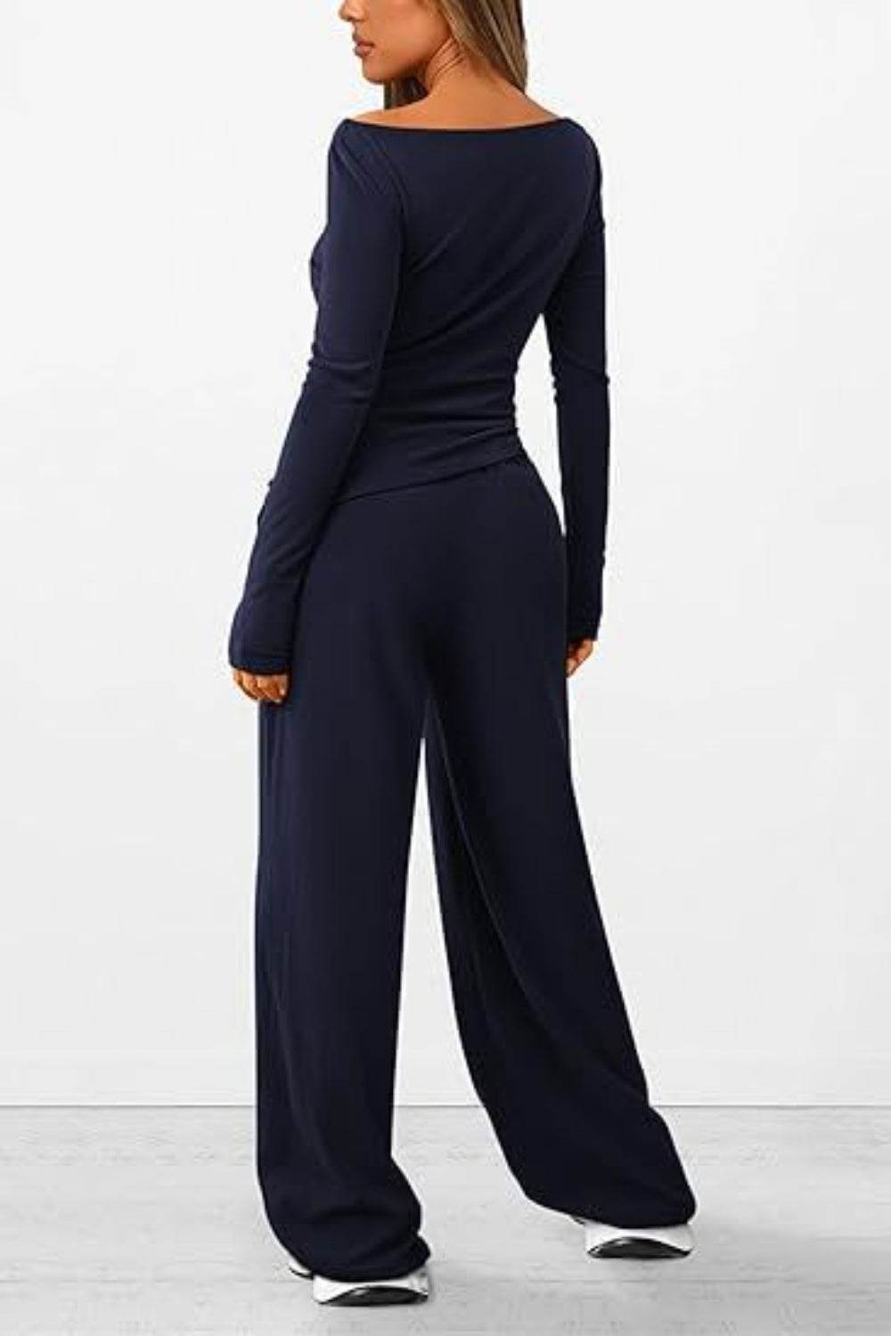 Round Neck Long Sleeve Top and Pants Set - DaTrendStore.Com
