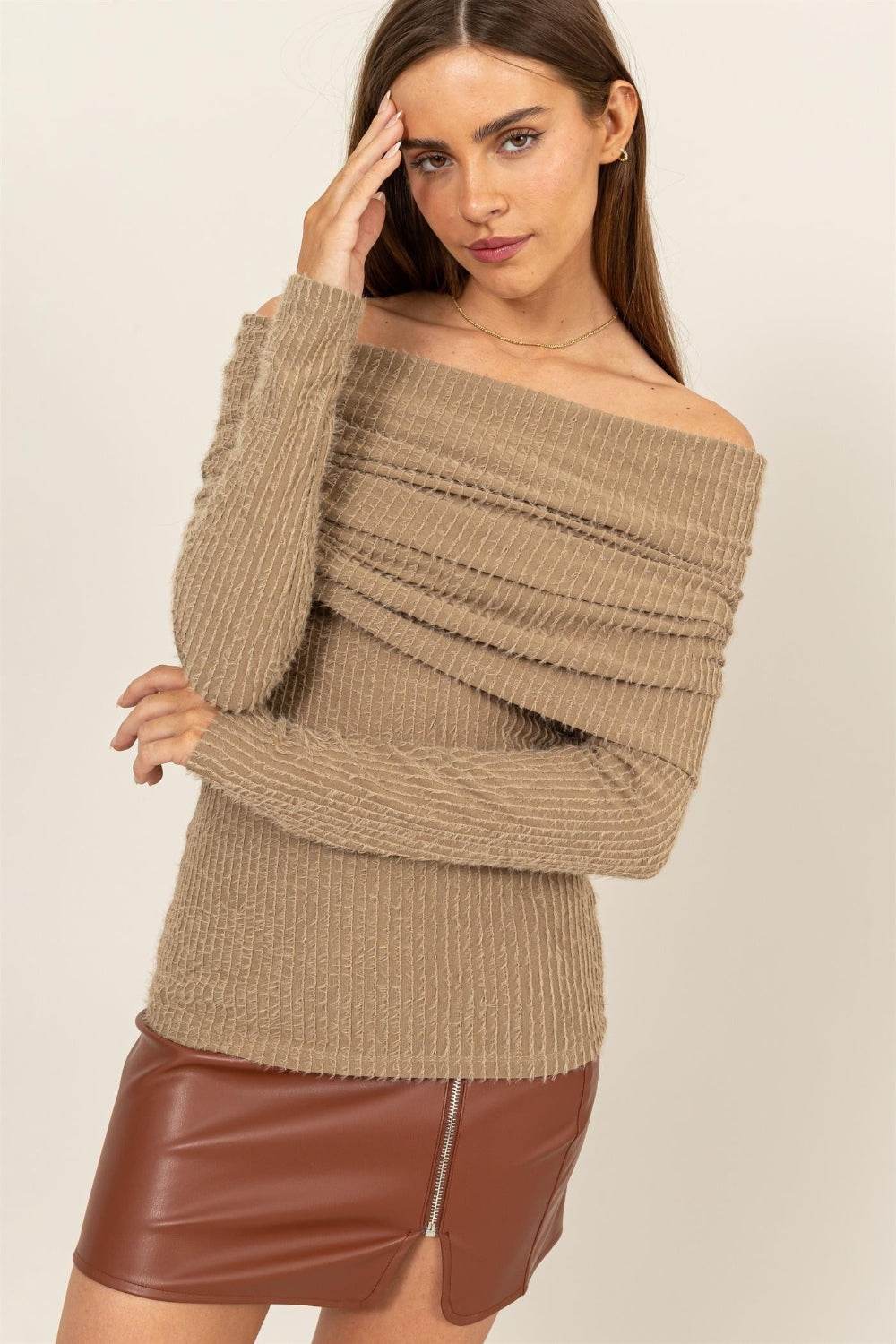 HYFVE Fuzzy Off Shoulder Textured Knit Top - DaTrendStore.Com
