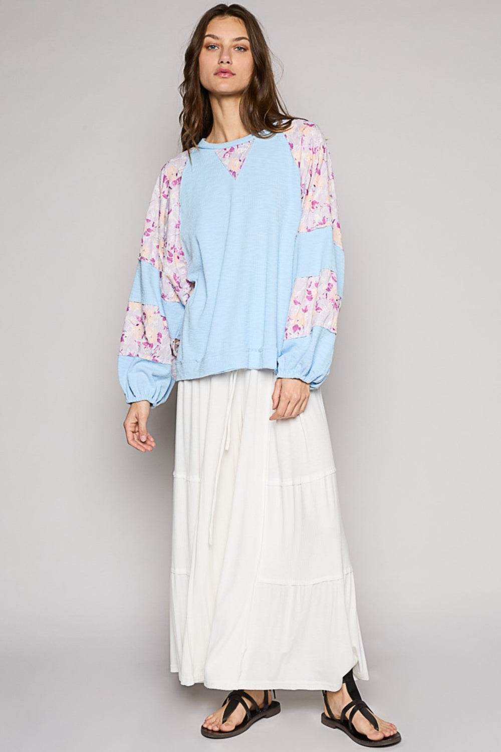 POL Round Neck Balloon Floral Long Sleeve Top - DaTrendStore.Com