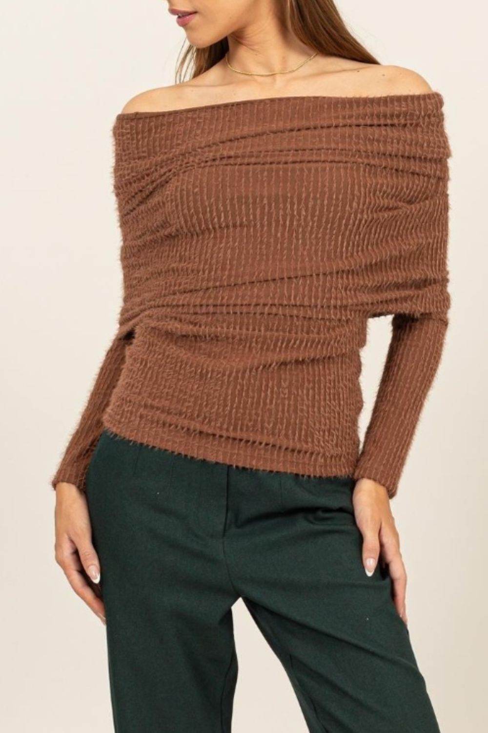 HYFVE Fuzzy Off Shoulder Textured Knit Top - DaTrendStore.Com