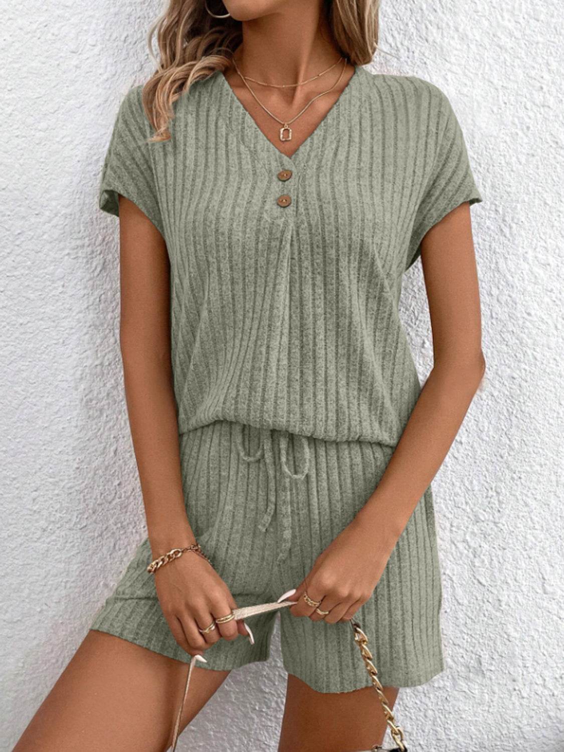 Ribbed V-Neck Top and Shorts Set - DaTrendStore.Com
