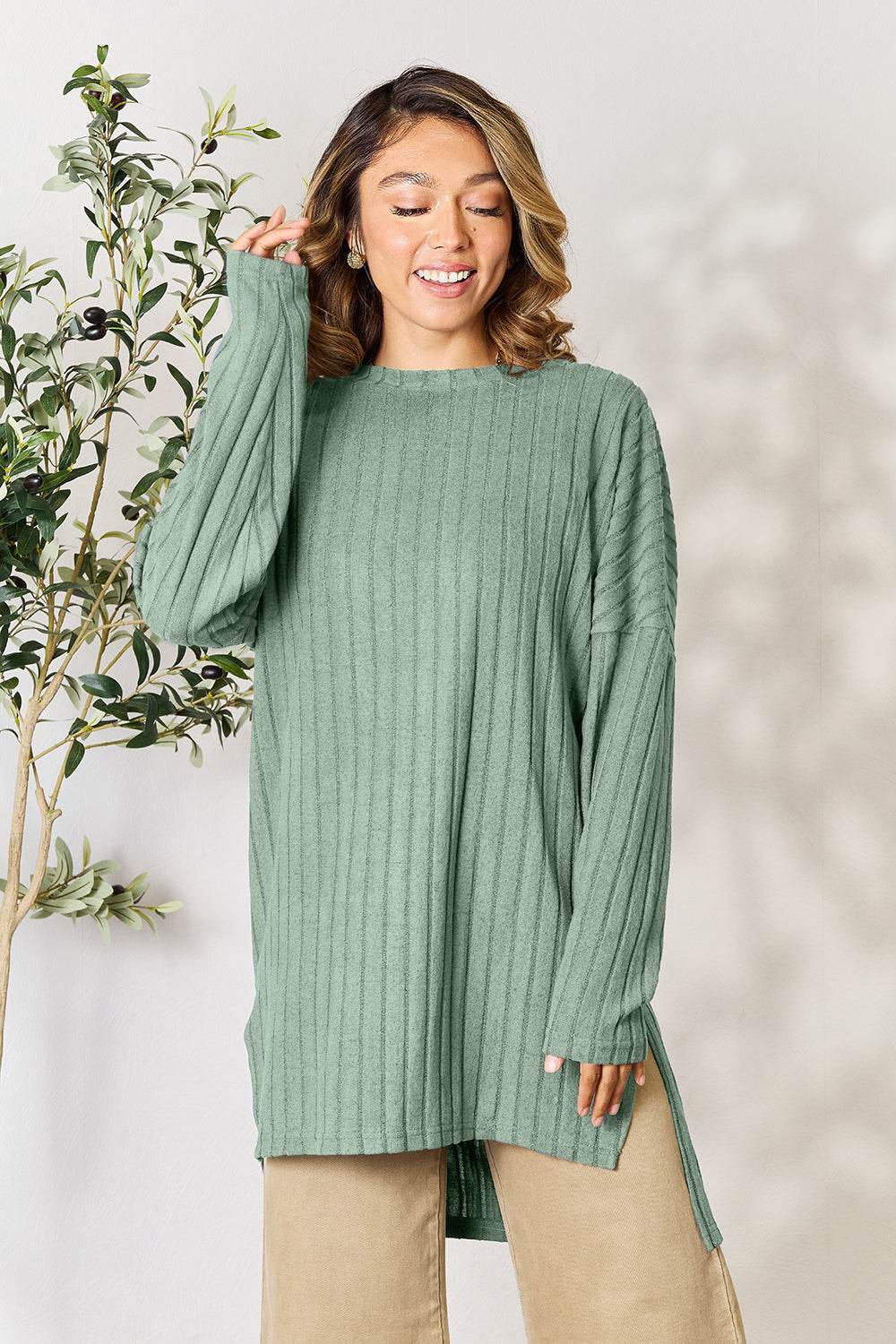Basic Bae Full Size Ribbed Round Neck Long Sleeve Slit Top - DaTrendStore.Com