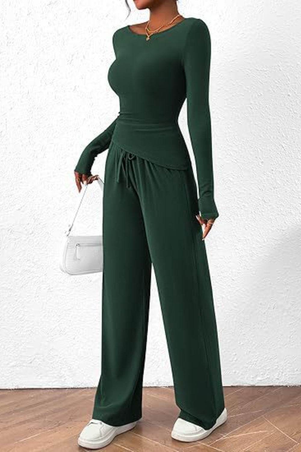 Round Neck Long Sleeve Top and Pants Set - DaTrendStore.Com