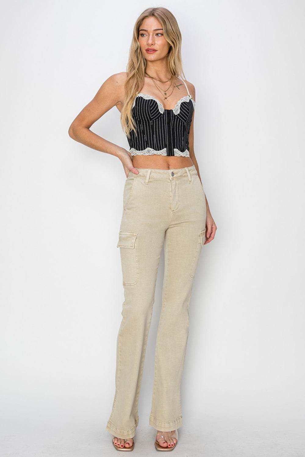 RISEN Full Size High Rise Side Slit Cargo Bootcut Jeans - DaTrendStore.Com