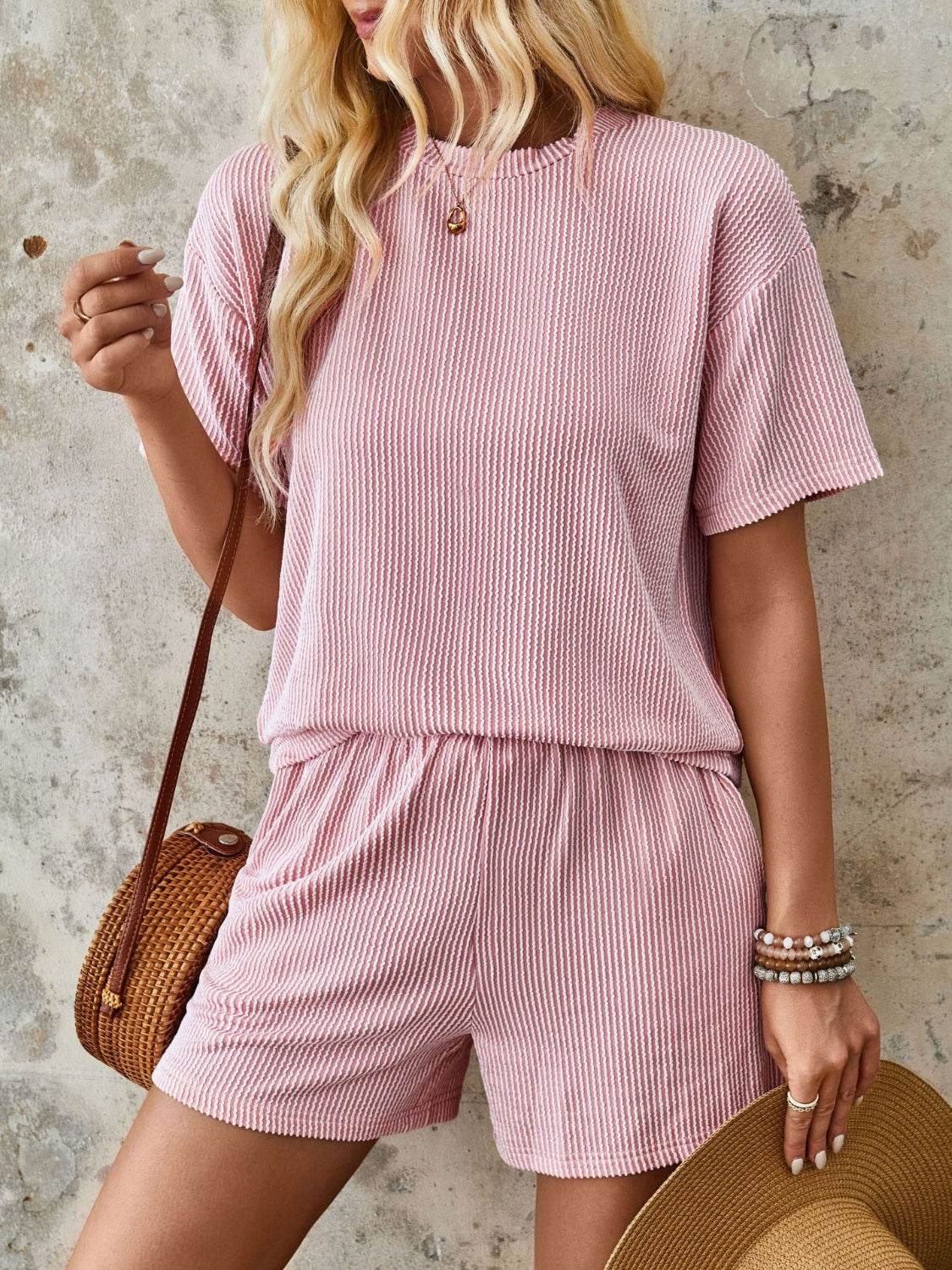 Lovelet Textured Round Neck Short Sleeve Top and Shorts Set - DaTrendStore.Com