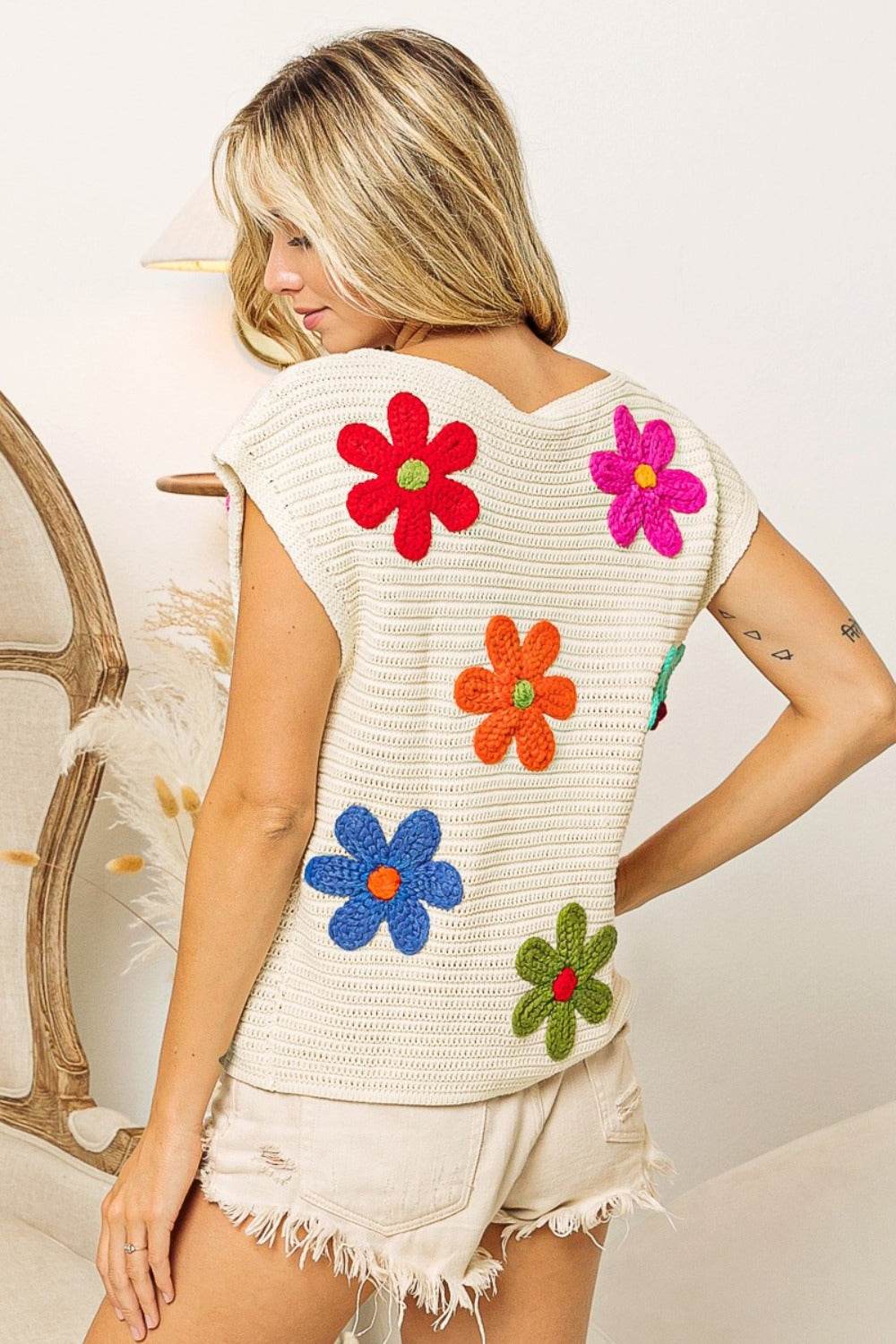 BiBi Flower Round Neck Cap Sleeve Knit Top - DaTrendStore.Com