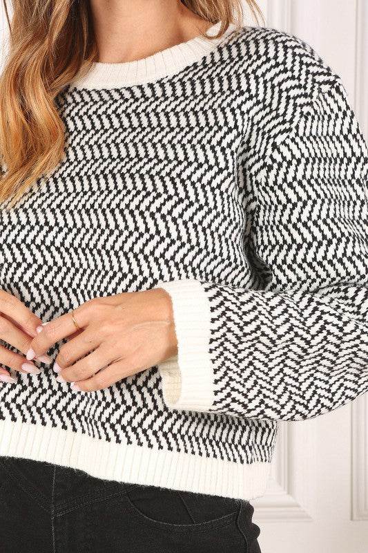 Herringbone Pattern Crew Neck Sweater - DaTrendStore.Com