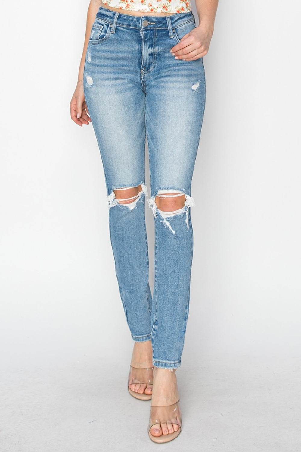 Risen Full Size High Rise Knee Distressed Skinny Jeans - DaTrendStore.Com