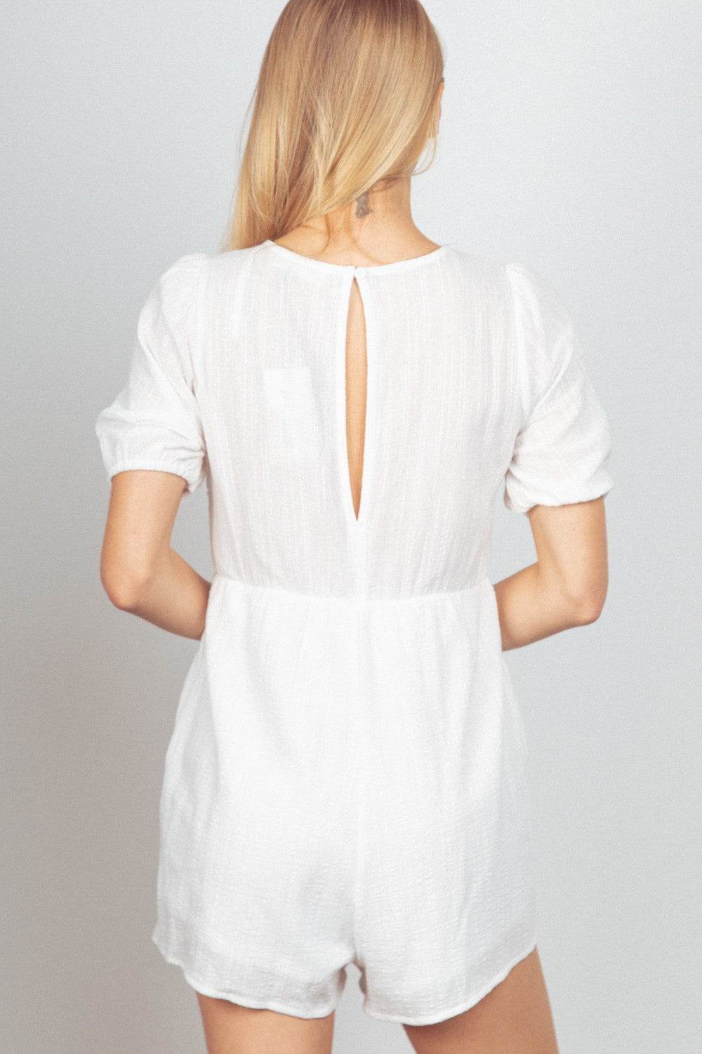 VERY J Lace Detail Puff Sleeve Romper with Pockets - DaTrendStore.Com