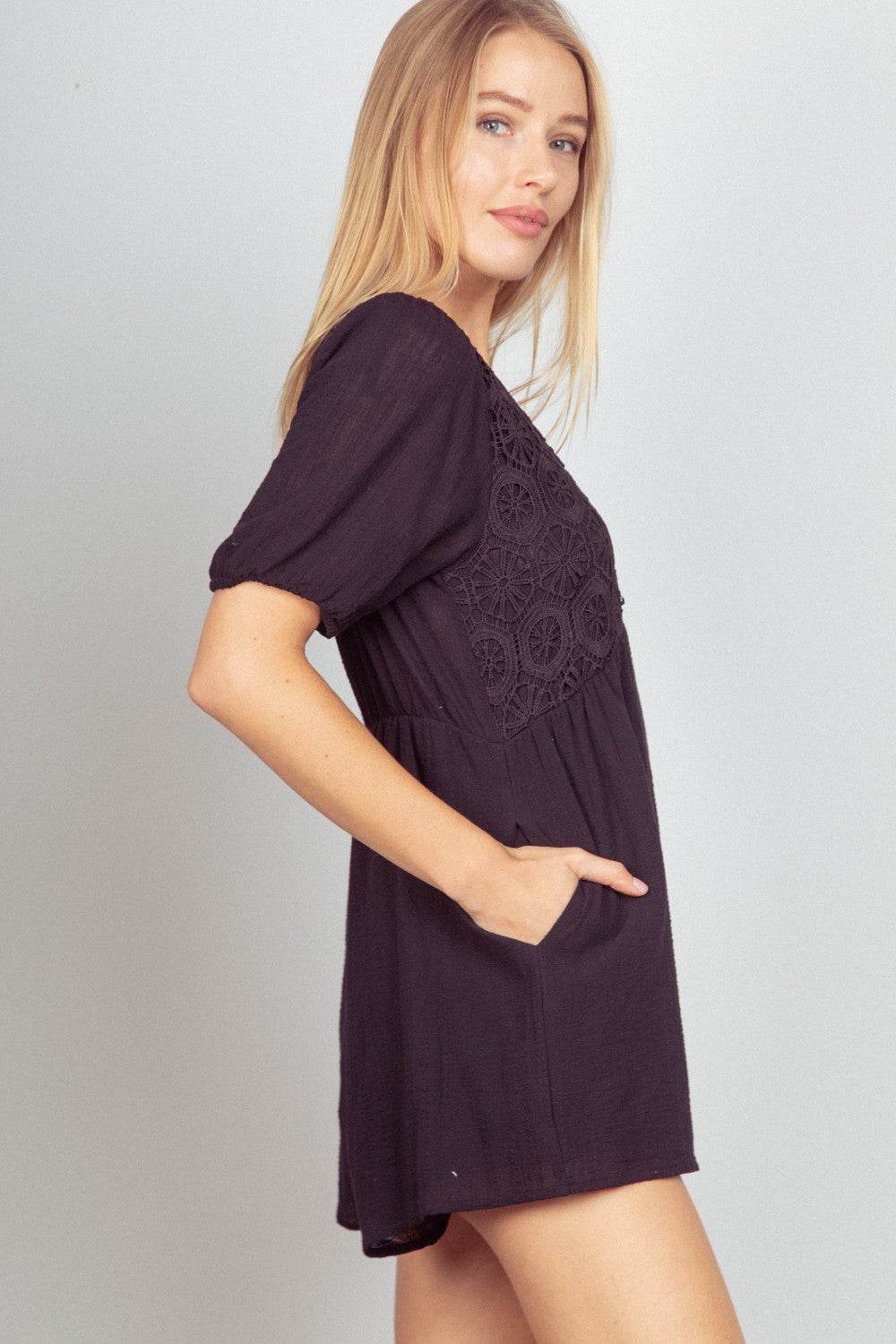 VERY J Lace Detail Puff Sleeve Romper with Pockets - DaTrendStore.Com