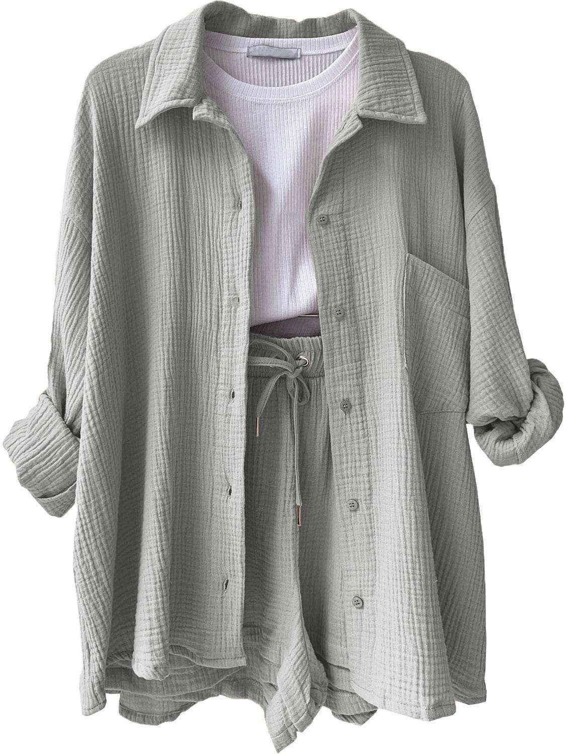 Texture Button Up Shirt and Drawstring Shorts Set - DaTrendStore.Com