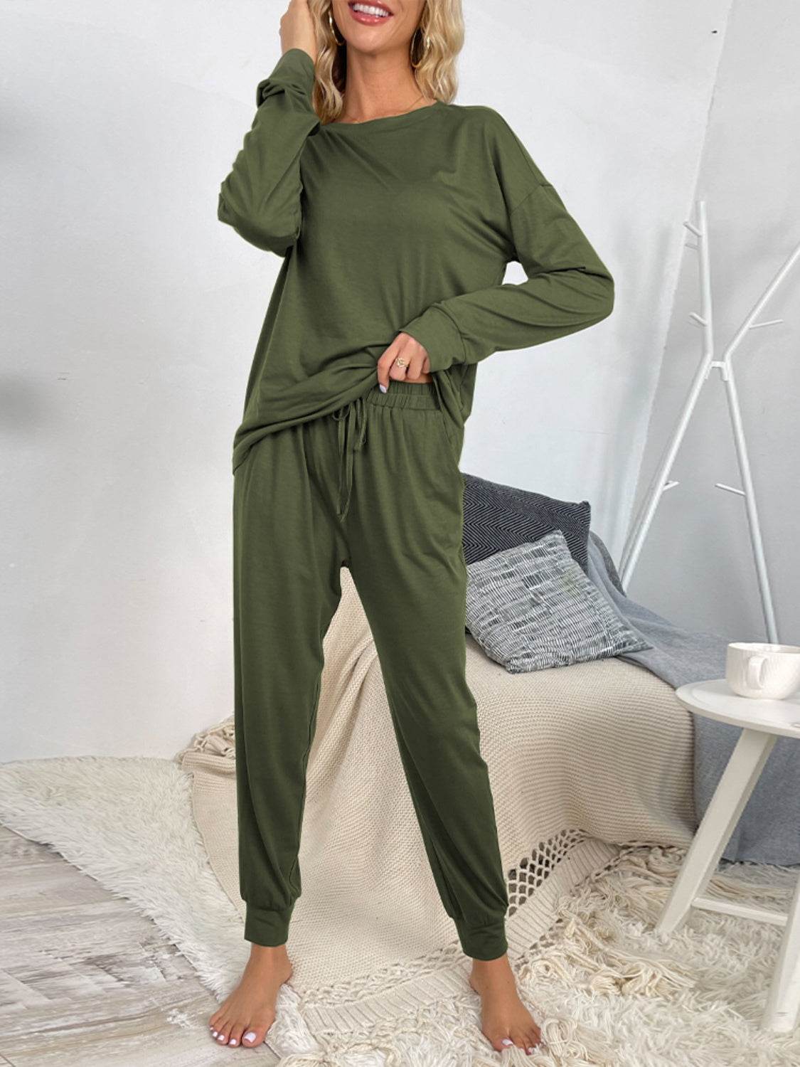 Shiny Round Neck Top and Drawstring Pants Lounge Set - DaTrendStore.Com
