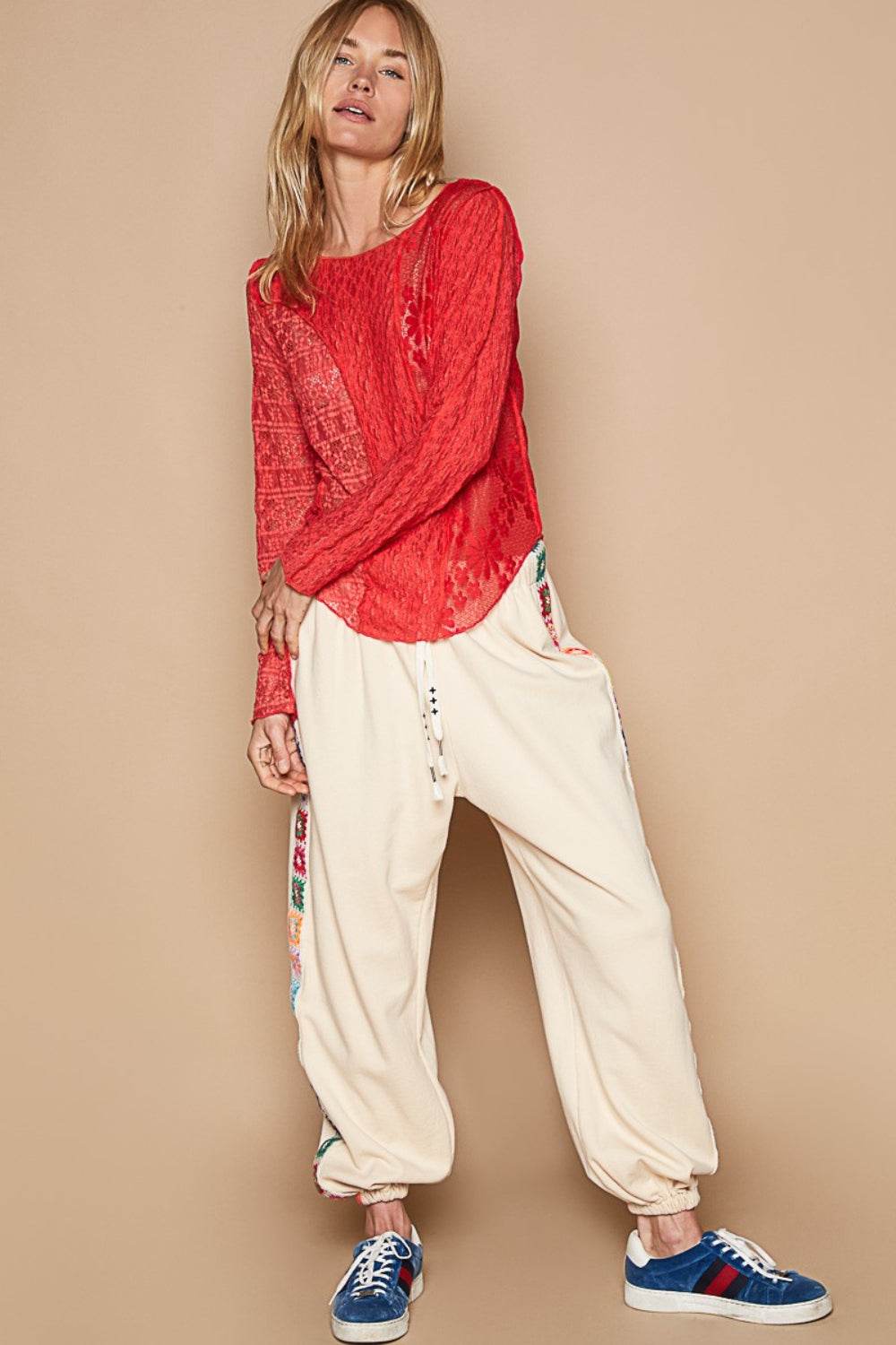 POL Exposed Seam Long Sleeve Lace Knit Top - DaTrendStore.Com