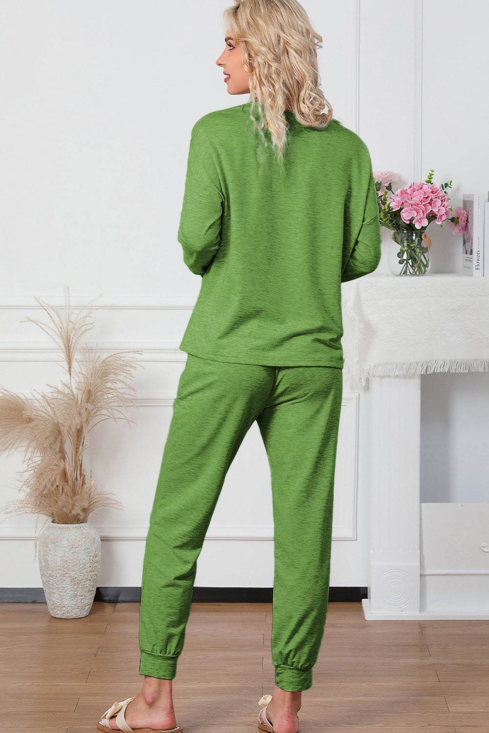 Round Neck Top and Drawstring Pants Lounge Set - DaTrendStore.Com