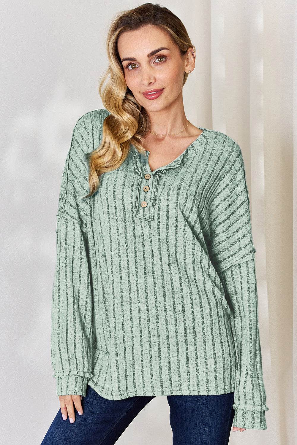 Basic Bae Full Size Ribbed Half Button Long Sleeve T-Shirt - DaTrendStore.Com