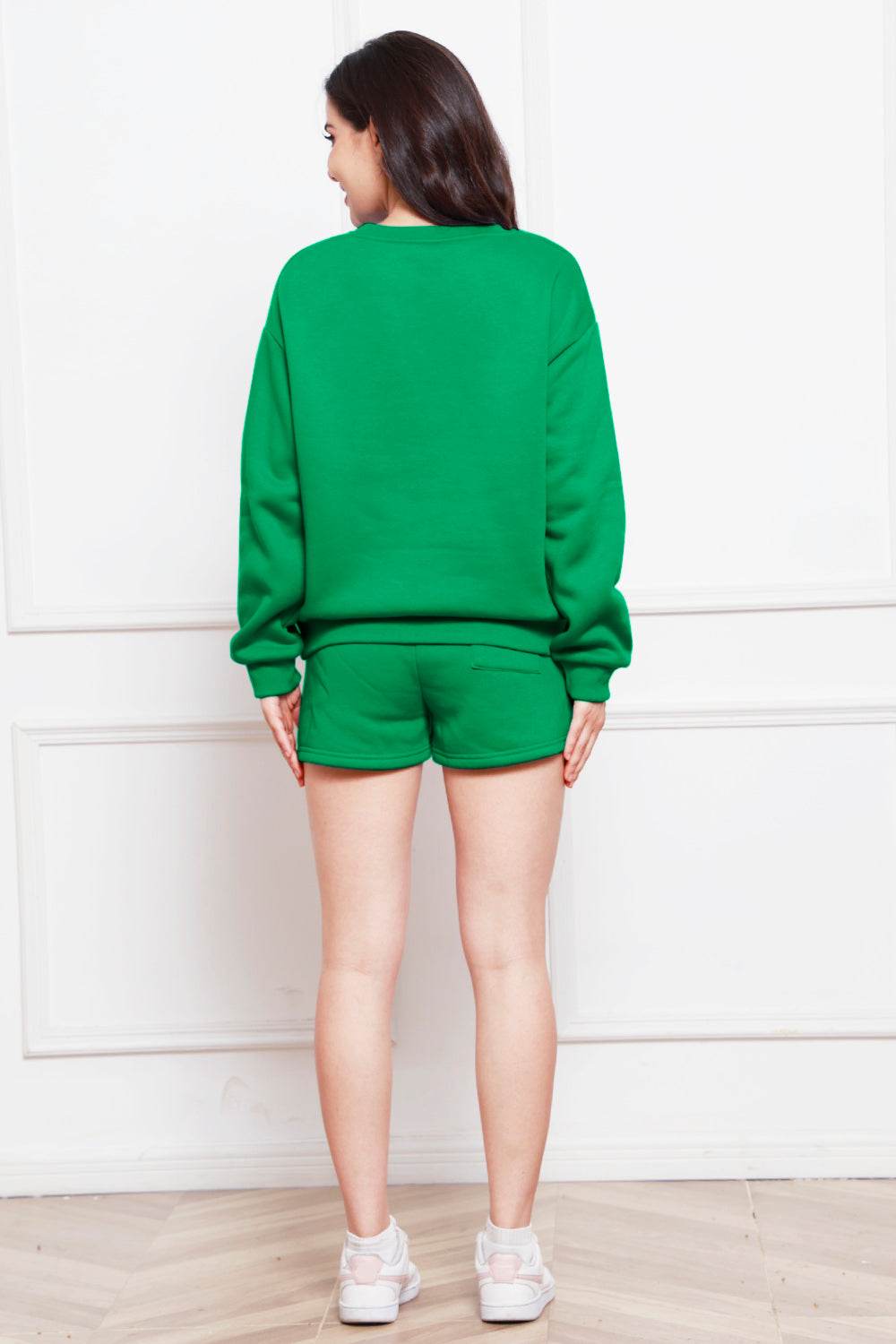 Round Neck Long Sleeve Sweatshirt and Drawstring Shorts Set - DaTrendStore.Com