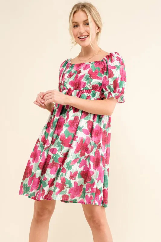 And The Why Fuchsia Smocked Floral Mini Dress