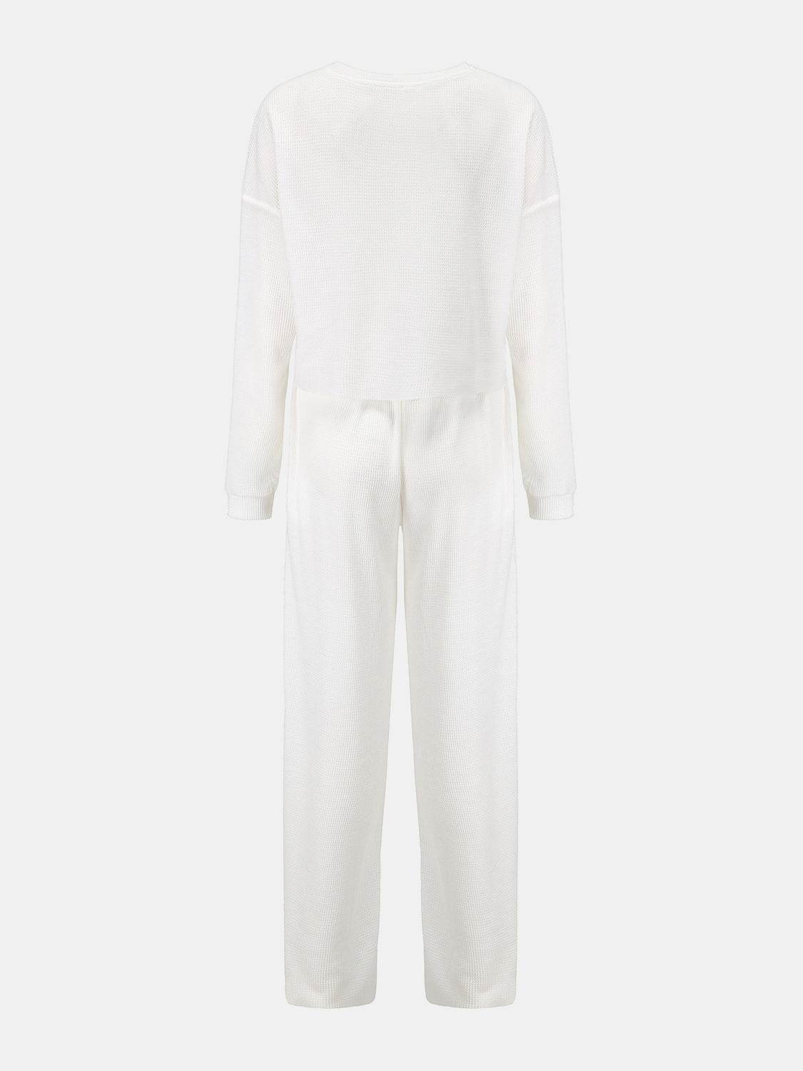 Waffle-Knit Round Neck Top and Pants Set - DaTrendStore.Com