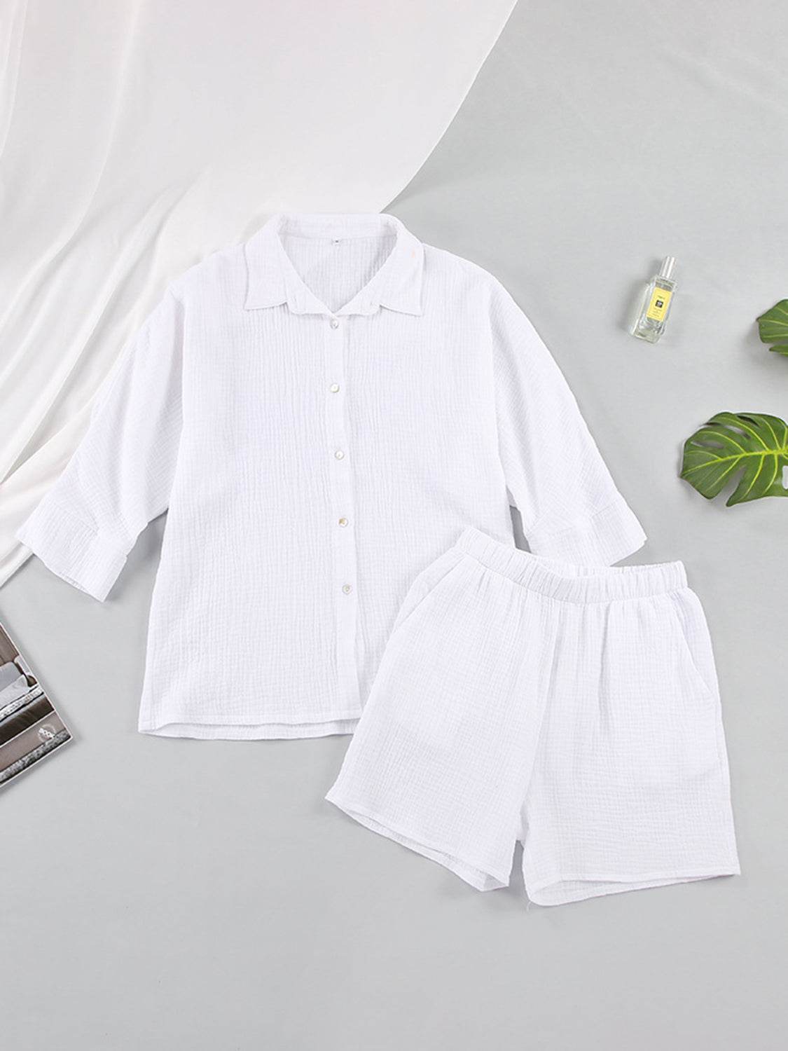 Texture Button Up Shirt and Shorts Set - DaTrendStore.Com