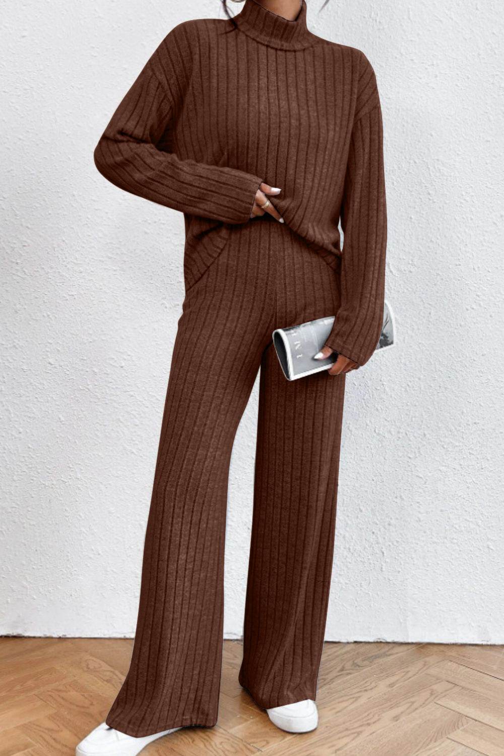 Mock Neck Dropped Shoulder Top and Pants Set - DaTrendStore.Com