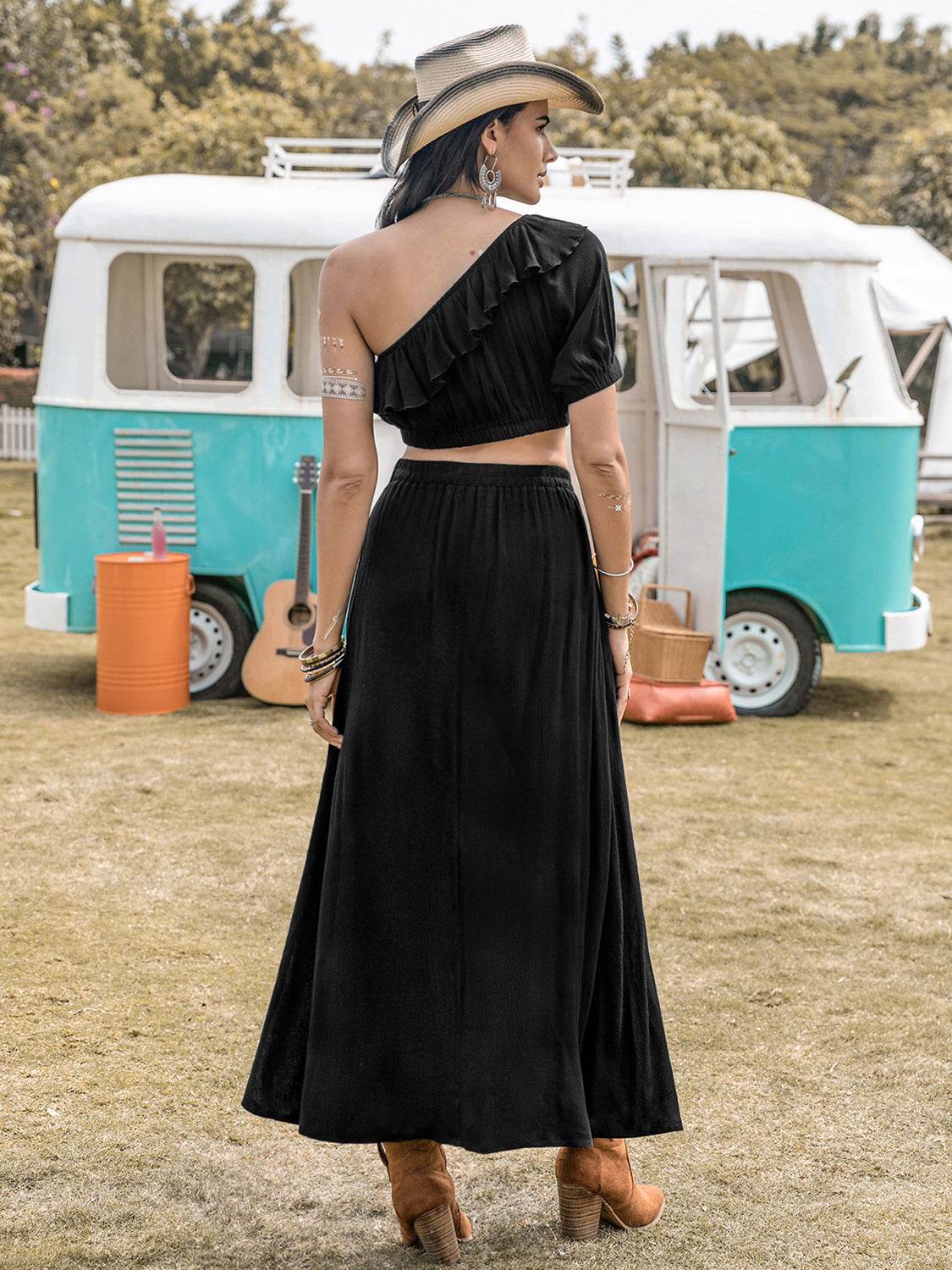 Ruffled Single Shoulder Top and Slit Skirt Set - DaTrendStore.Com