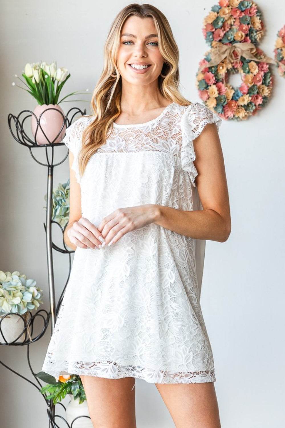 Heimish Full Size Round Neck Cap Sleeve Lace Top - DaTrendStore.Com