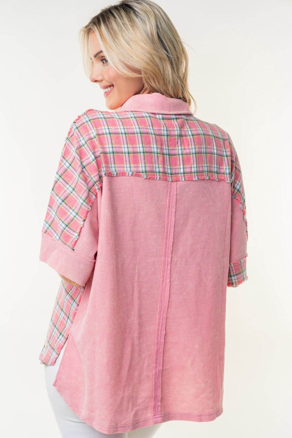 White Birch Plaid Color Block Half Button Top - DaTrendStore.Com
