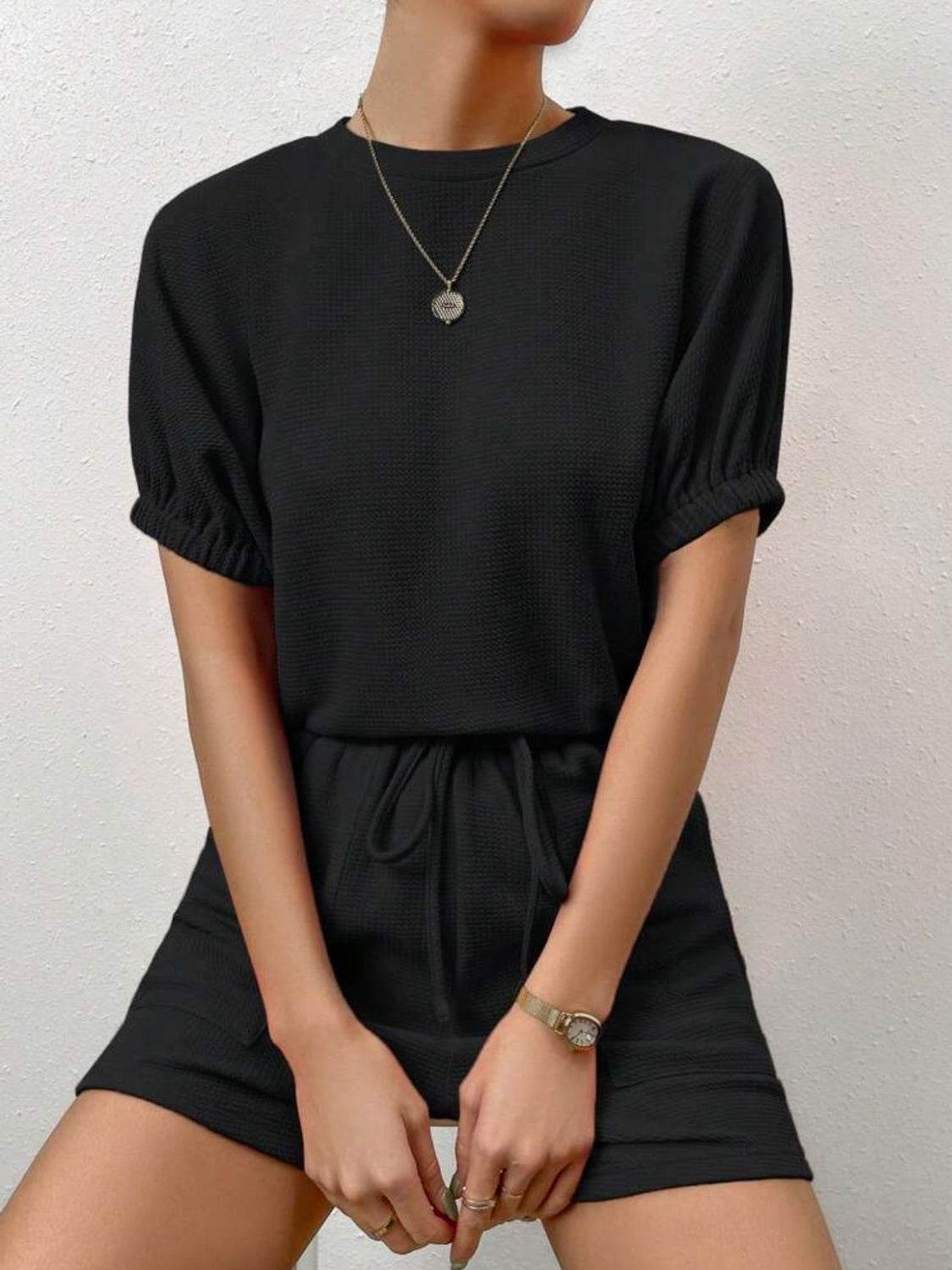Waffle-Knit Round Neck T-Shirt and Pocketed Shorts Lounge Set - DaTrendStore.Com