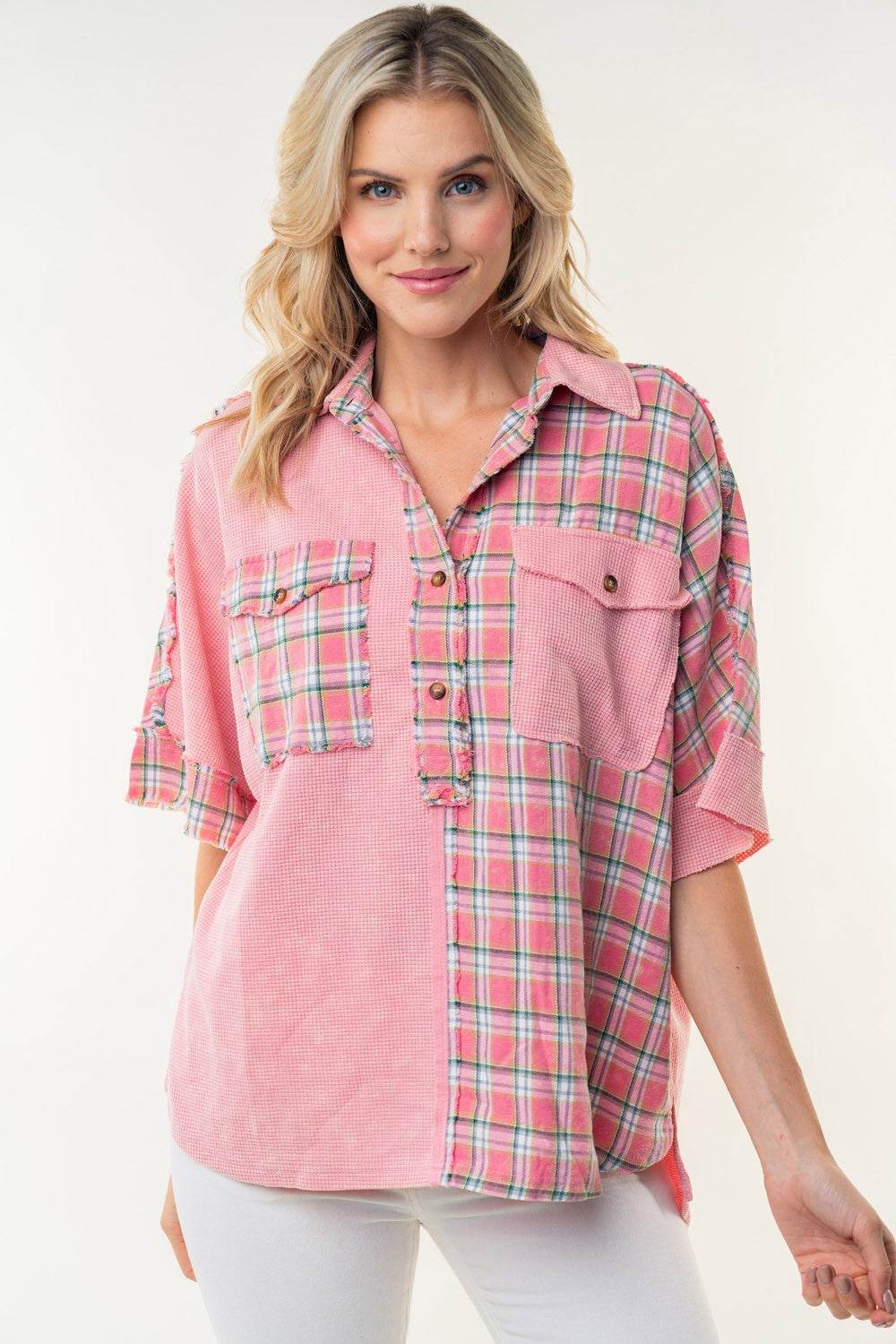 White Birch Plaid Color Block Half Button Top - DaTrendStore.Com