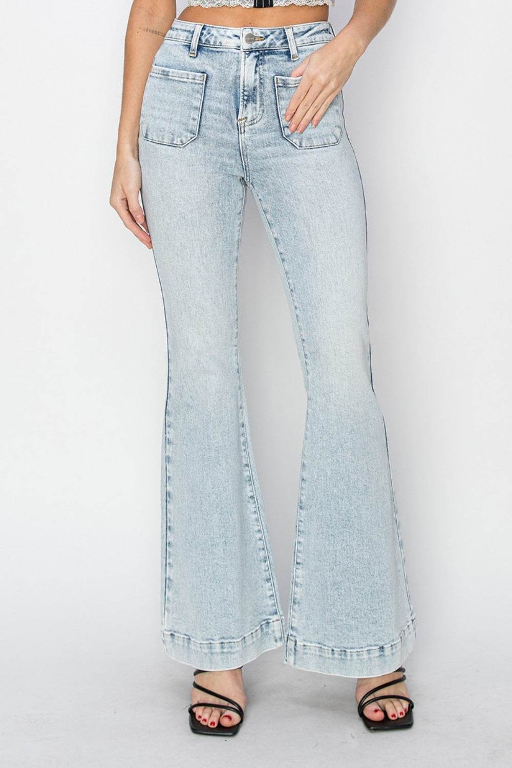 Risen Full Size High Rise Front Patch Pocket Flare Jeans - DaTrendStore.Com
