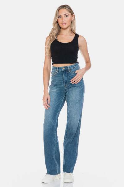 Judy Blue Full Size Tummy Control Cut Raw Hem Straight Jeans - DaTrendStore.Com