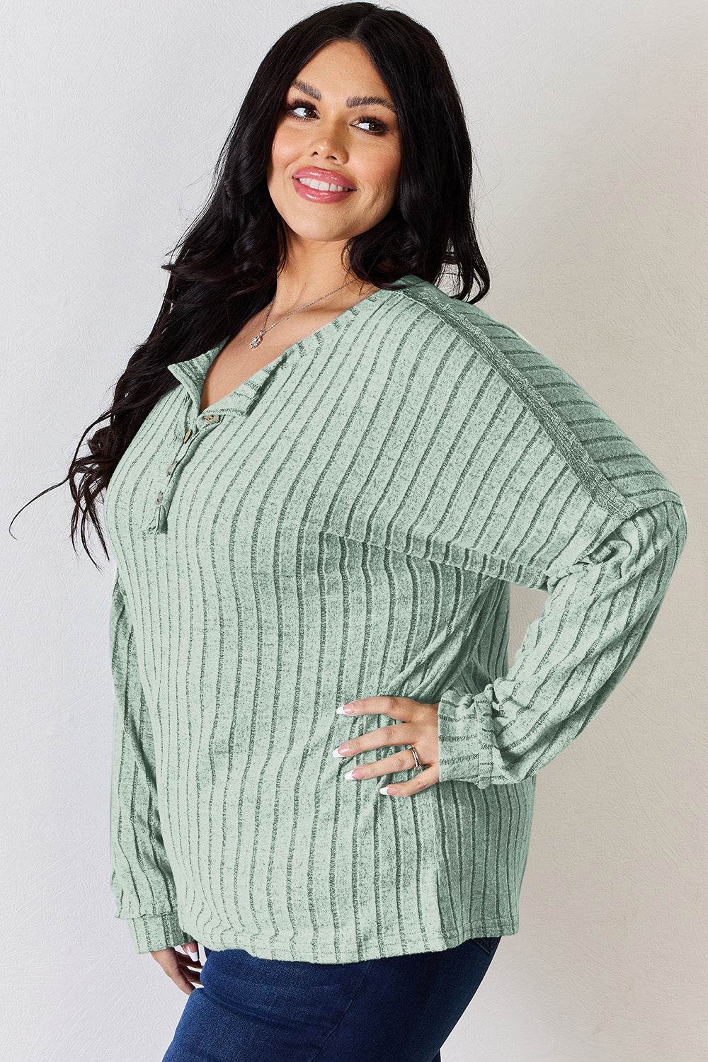 Basic Bae Full Size Ribbed Half Button Long Sleeve T-Shirt - DaTrendStore.Com