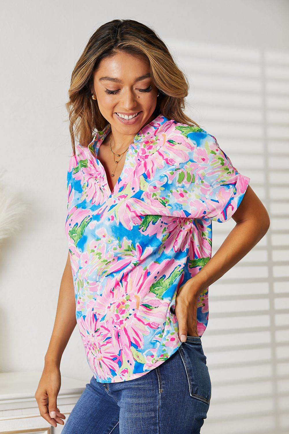 Double Take Floral Notched Neck Short Sleeve Top - DaTrendStore.Com