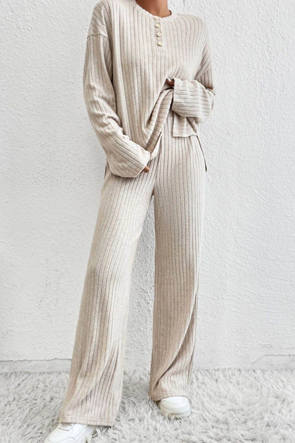 Ribbed Half Button Knit Top and Pants Set - DaTrendStore.Com
