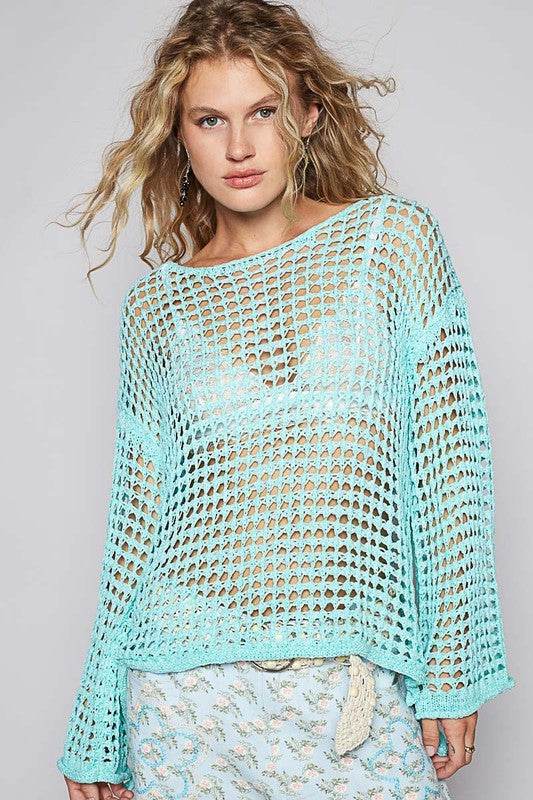 POL Side Slit Openwork Long Sleeve Knit Cover Up - DaTrendStore.Com