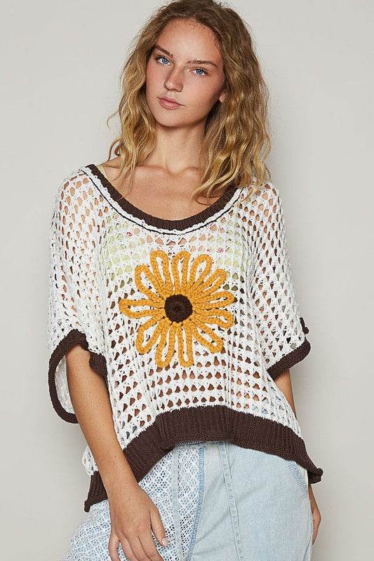 POL Hollow Out Flower Half Sleeve Knit Cover Up - DaTrendStore.Com