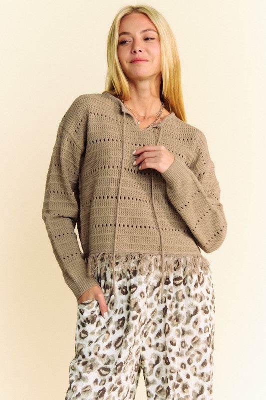Davi & Dani Fringe Hem Openwork Drop Shoulder Knit Top - DaTrendStore.Com