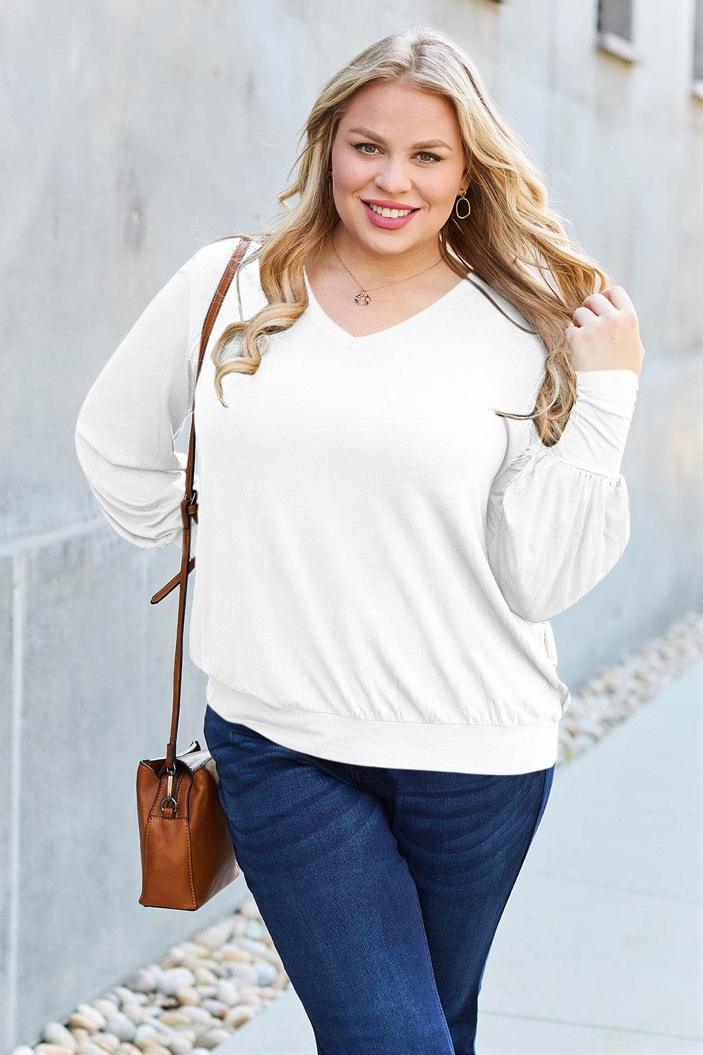 Basic Bae Full Size V-Neck Lantern Sleeve Top - DaTrendStore.Com