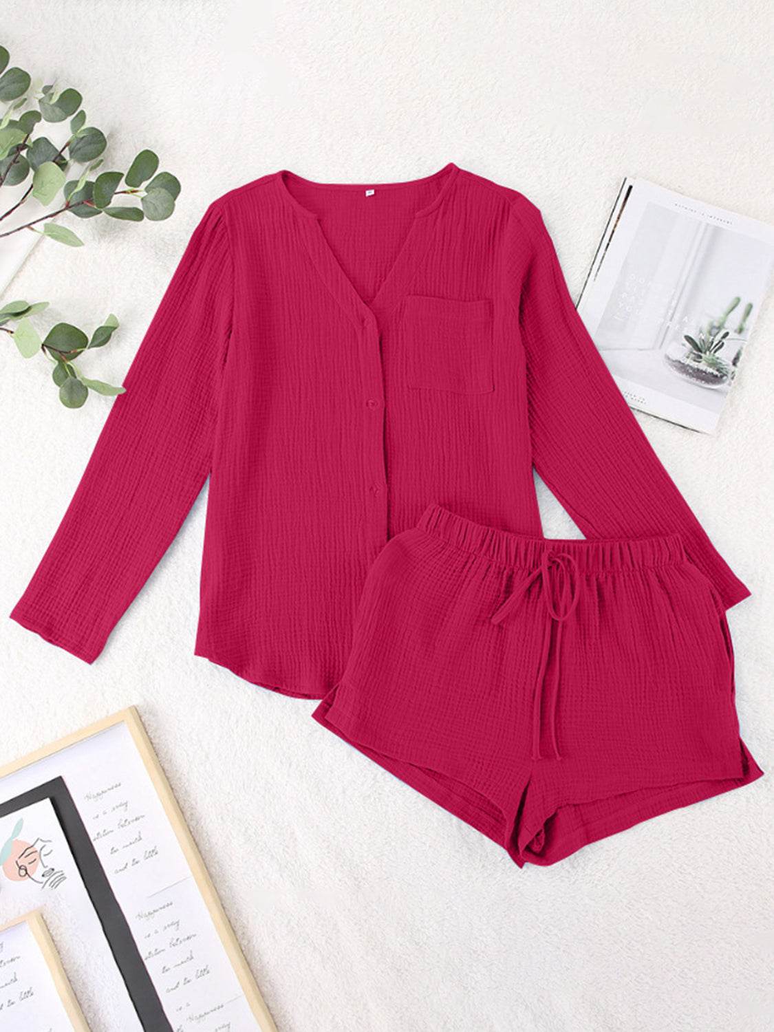 Notched Long Sleeve Top and Shorts Set - DaTrendStore.Com