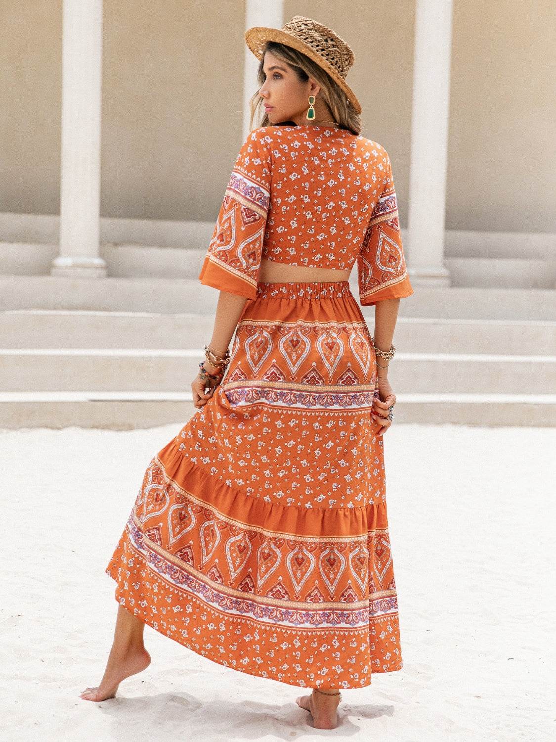 Printed Plunge Half Sleeve Top and Skirt Set - DaTrendStore.Com